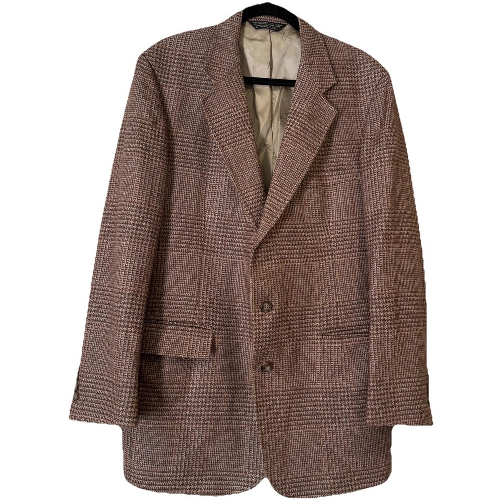 VTG Harold's Blazer Mens 44 Long Brown Glen Plaid Wool Sport Coat USA 80s